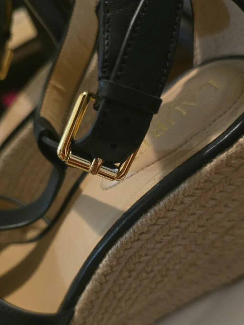 Ralph Lauren Black Leather RL Logo Espadrille Wedge Sandals